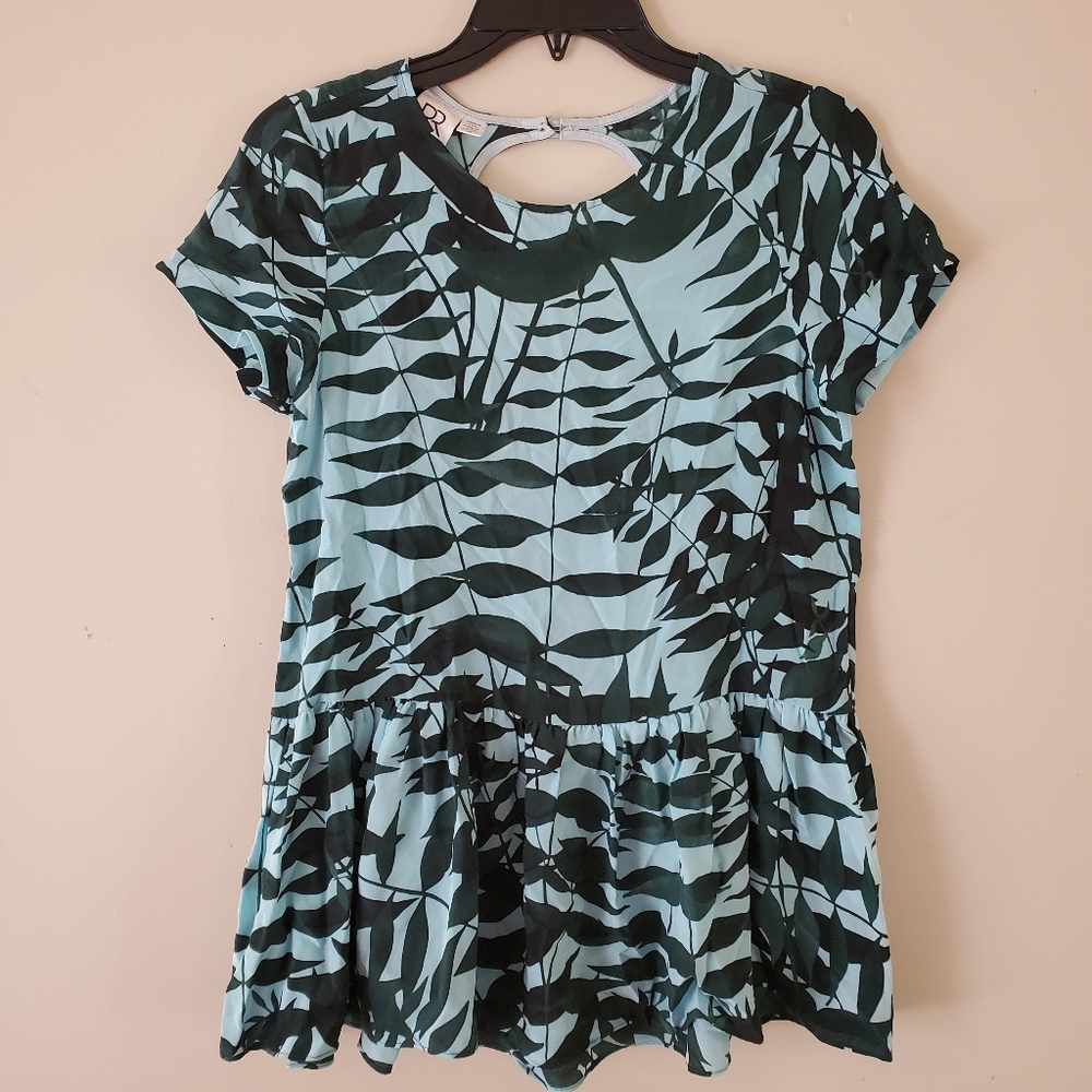 Rachel Rose Silk Peplum Tropical Top Keyhole Teal Blue Green Size XS